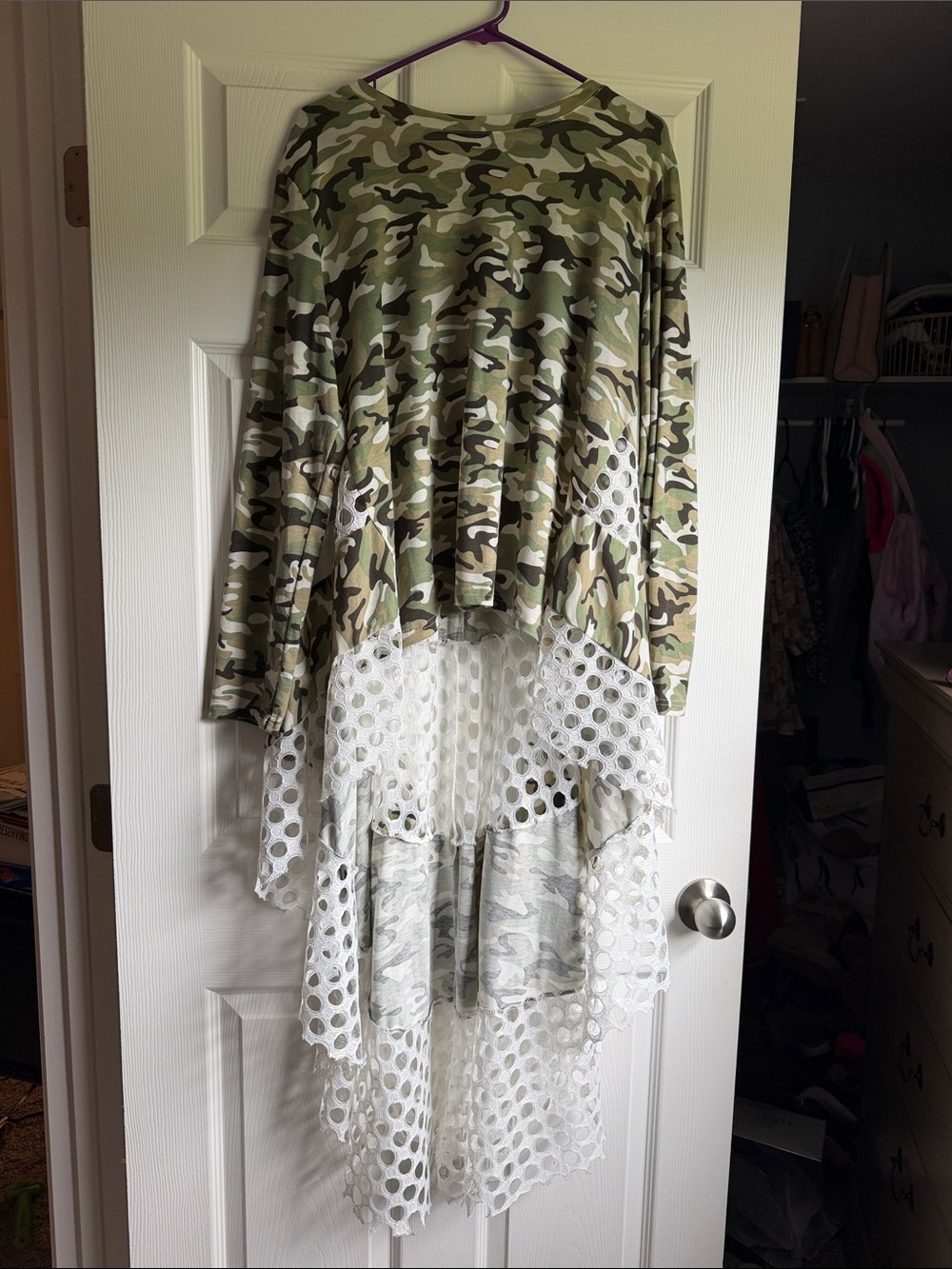 Camo Print High-Low Tunic with Lace Hem